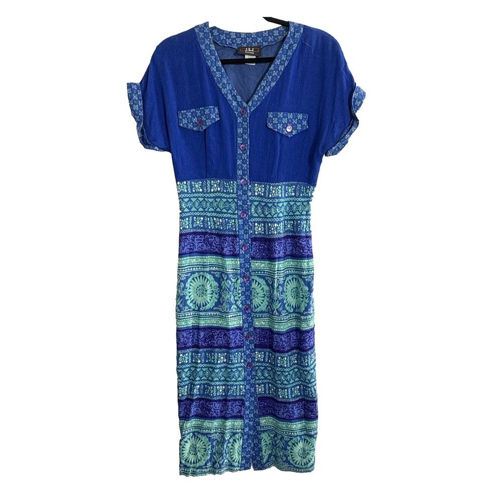 Vtg JSJ Petites Women Linen Blend Short Sleeve Midi Dress Sz 12 Blue 80 90s 92-5